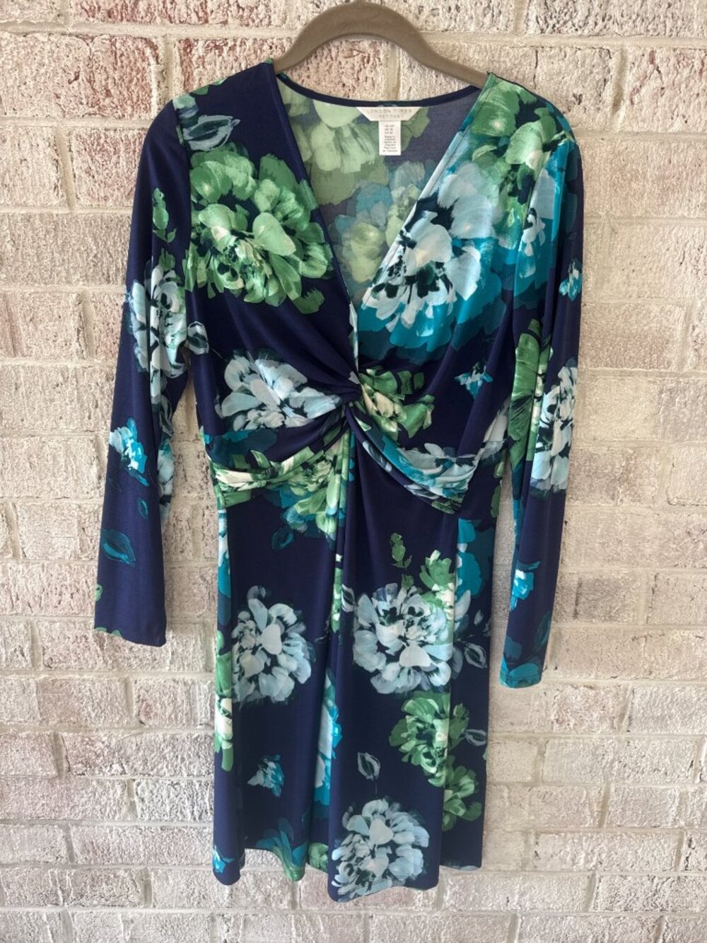 London Times 12P Floral Faux Wrap Twist Waist Dress Navy Green Long Sleeve